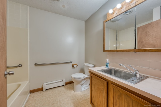 295 Hunting Lodge Rd, Mansfield, CT 06268 - full bathroom with a baseboard heating unit, vanity, backsplash, shower / tub combination, and a textured ceiling