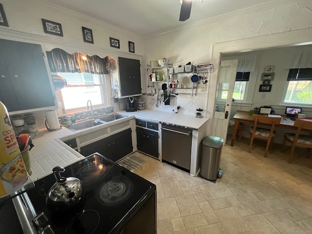 50 Wheeler Ter, Stratford, CT 06614 - kitchen with tile countertops, range, dishwasher, crown molding, and a ceiling fan