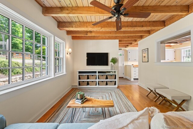52 Aunt Park Ln, Newtown, CT 06470 - living room featuring a wooden ceiling with exposed beams, wood finished floors, and ceiling fan