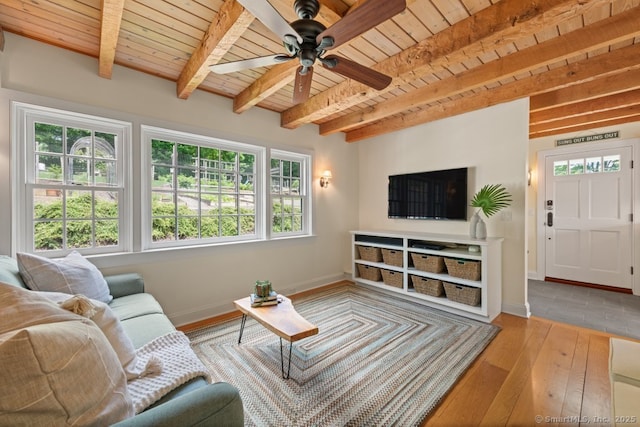 52 Aunt Park Ln, Newtown, CT 06470 - living room with hardwood / wood-style floors, a wooden ceiling with exposed beams, and ceiling fan