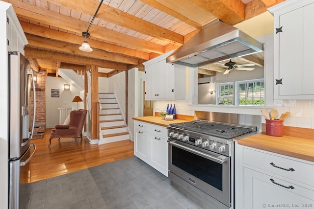 52 Aunt Park Ln, Newtown, CT 06470 - kitchen with appliances with stainless steel finishes, exhaust hood, a ceiling fan, white cabinets, and a wood ceiling with exposed beams