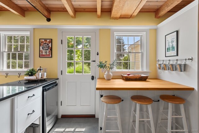 52 Aunt Park Ln, Newtown, CT 06470 - entryway featuring a wood ceiling with exposed beams and tile patterned flooring