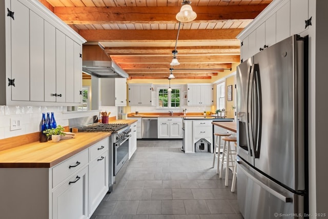 52 Aunt Park Ln, Newtown, CT 06470 - kitchen with stainless steel appliances, a wood ceiling with exposed beams, wood counters, white cabinetry, and hanging light fixtures