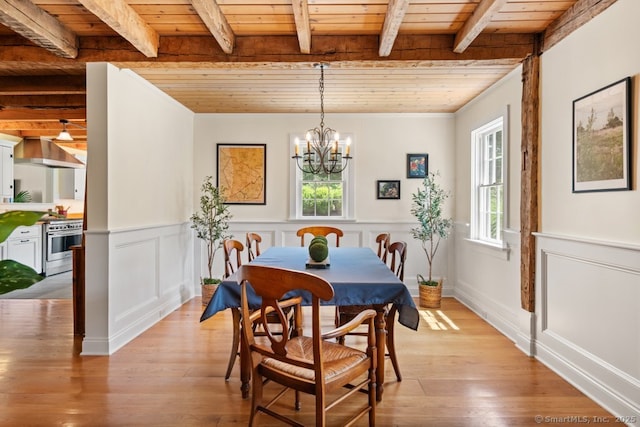 52 Aunt Park Ln, Newtown, CT 06470 - dining area featuring a wooden ceiling with exposed beams, wainscoting, light wood-style flooring, and a chandelier