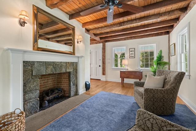 52 Aunt Park Ln, Newtown, CT 06470 - living area featuring a wood ceiling with exposed beams, wood finished floors, a fireplace, and ceiling fan
