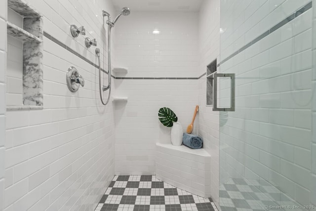 52 Aunt Park Ln, Newtown, CT 06470 - bathroom with tile walls, a tile shower, and tile patterned floors