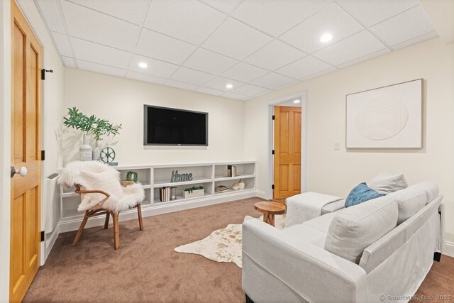 52 Aunt Park Ln, Newtown, CT 06470 - carpeted living room with a drop ceiling and recessed lighting