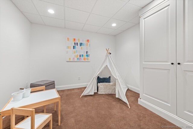 52 Aunt Park Ln, Newtown, CT 06470 - recreation room featuring carpet, a paneled ceiling, and recessed lighting