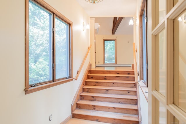 54 Timber Ln, Avon, CT 06001 - stairs featuring healthy amount of natural light and beamed ceiling
