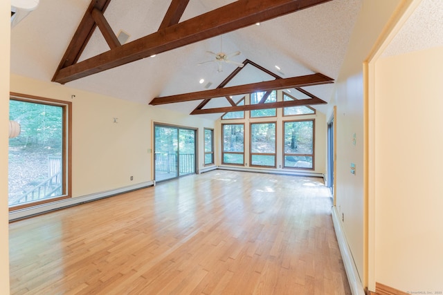 54 Timber Ln, Avon, CT 06001 - unfurnished living room featuring baseboard heating, high vaulted ceiling, beamed ceiling, light wood-style floors, and ceiling fan