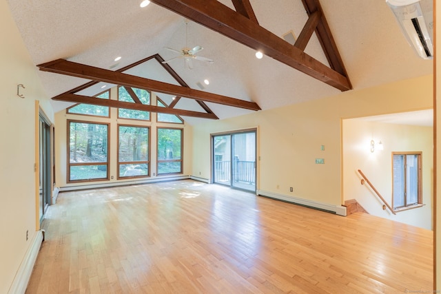 54 Timber Ln, Avon, CT 06001 - unfurnished living room with beam ceiling, high vaulted ceiling, a baseboard radiator, light wood-style flooring, and ceiling fan