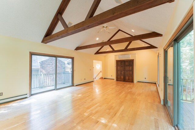 54 Timber Ln, Avon, CT 06001 - unfurnished living room with beam ceiling, high vaulted ceiling, a wall mounted air conditioner, a baseboard heating unit, and light wood finished floors