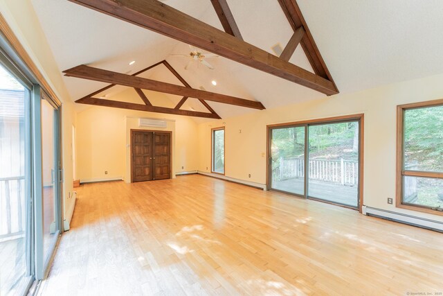 54 Timber Ln, Avon, CT 06001 - unfurnished living room with beamed ceiling, a wall unit AC, high vaulted ceiling, a baseboard radiator, and light wood-style flooring