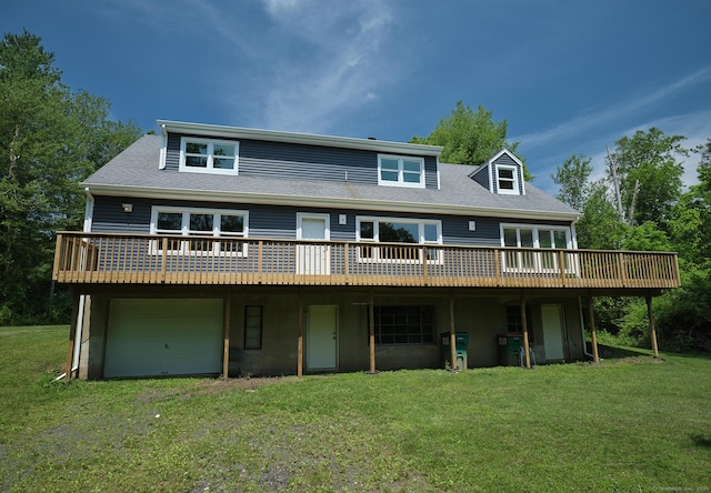 22 Lonetown Rd, Redding, CT 06896 - rear view of property featuring a wooden deck, a garage, a lawn, and roof with shingles