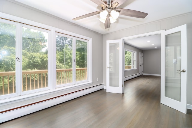 22 Lonetown Rd, Redding, CT 06896 - unfurnished room with baseboard heating, french doors, dark wood-type flooring, and ceiling fan