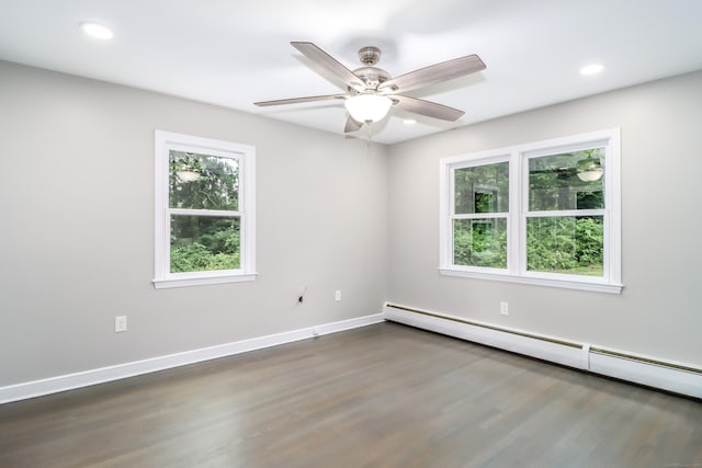 22 Lonetown Rd, Redding, CT 06896 - empty room with baseboard heating, wood finished floors, a ceiling fan, and recessed lighting