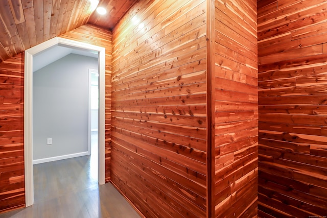 22 Lonetown Rd, Redding, CT 06896 - hall featuring vaulted ceiling, wooden ceiling, wood walls, and dark wood-type flooring