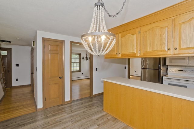 417 Billings Rd, Somers, CT 06071 - kitchen featuring white appliances, a chandelier, baseboard heating, and light wood-type flooring