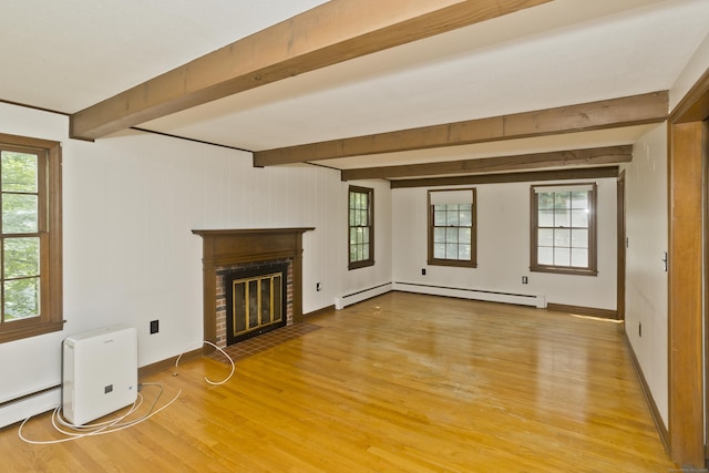 417 Billings Rd, Somers, CT 06071 - unfurnished living room featuring light wood-style floors, beam ceiling, plenty of natural light, a baseboard radiator, and a fireplace
