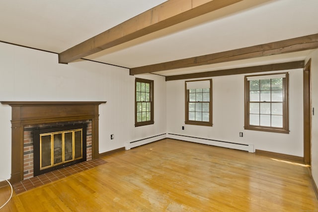 417 Billings Rd, Somers, CT 06071 - unfurnished living room featuring wood finished floors, beamed ceiling, a brick fireplace, and plenty of natural light