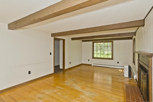 417 Billings Rd, Somers, CT 06071 - unfurnished living room featuring a baseboard radiator, a fireplace with flush hearth, beamed ceiling, and light wood-type flooring