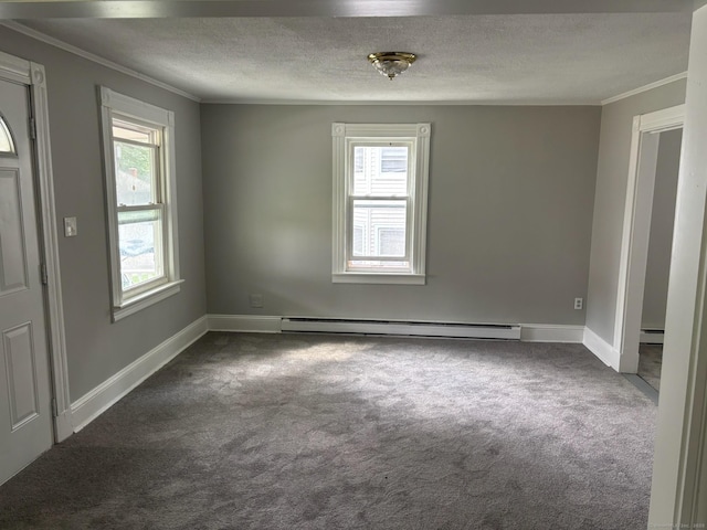 97 Capen St, Windsor, CT 06095 - unfurnished room featuring a baseboard radiator, ornamental molding, dark colored carpet, and a textured ceiling