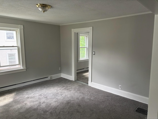 97 Capen St, Windsor, CT 06095 - spare room with baseboard heating, dark colored carpet, a textured ceiling, and ornamental molding