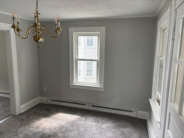 97 Capen St, Windsor, CT 06095 - spare room featuring a baseboard radiator, carpet, a textured ceiling, a chandelier, and crown molding