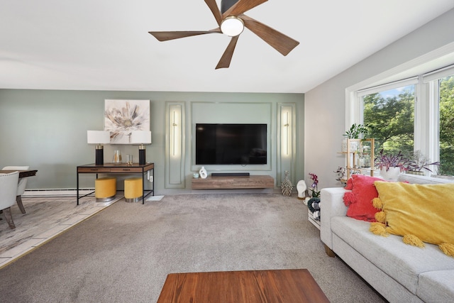69 Sills Dr, Watertown, CT 06779 - living room with a ceiling fan, baseboard heating, and carpet flooring