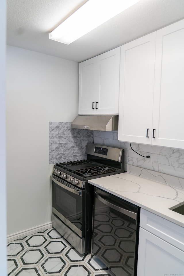 5 Melon Ln Unit 5, Ridgefield, CT 06877 - kitchen with extractor fan, stainless steel gas stove, white cabinets, and decorative backsplash