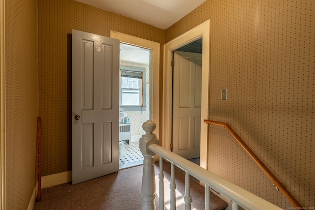 47 Ridge Rd, Middletown, CT 06457 - hallway with carpet flooring and wallpapered walls