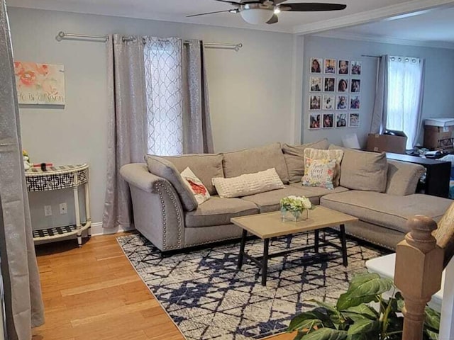 27 White Rose Ave, Waterbury, CT 06708 - living room with a ceiling fan, light wood-style flooring, and ornamental molding
