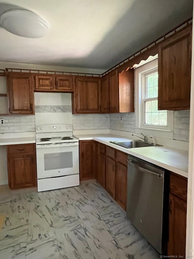 87 Mcveagh Rd, Westbrook, CT 06498 - kitchen with electric stove, dishwasher, light marble finish floors, light countertops, and tasteful backsplash
