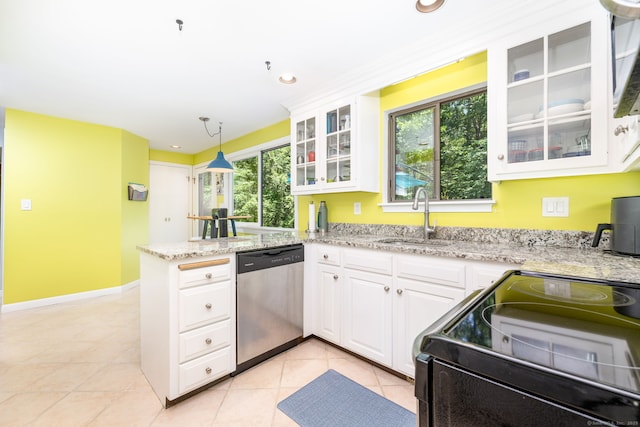4 Coppergate Rd, East Granby, CT 06026 - kitchen featuring stainless steel dishwasher, black electric range oven, a peninsula, white cabinets, and healthy amount of natural light
