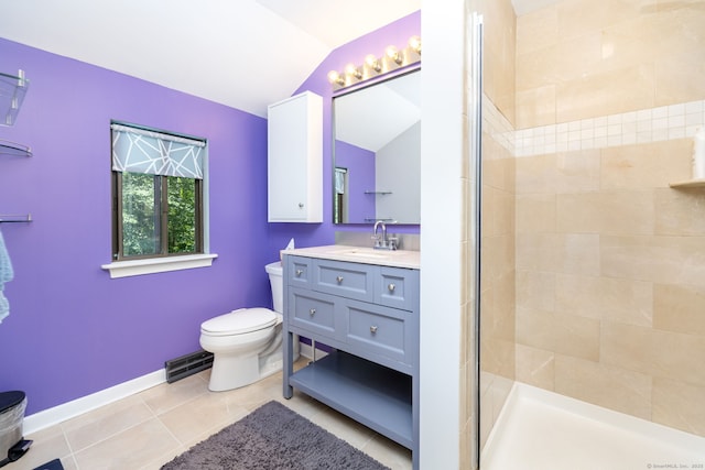 4 Coppergate Rd, East Granby, CT 06026 - full bathroom featuring lofted ceiling, vanity, tile patterned floors, and tiled shower