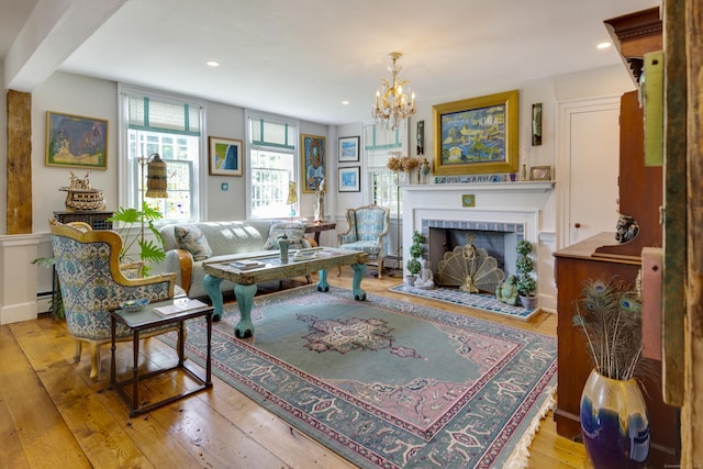 51 Moodus Leesville Rd, East Haddam, CT 06469 - living area with hardwood / wood-style floors, a chandelier, a fireplace, and recessed lighting