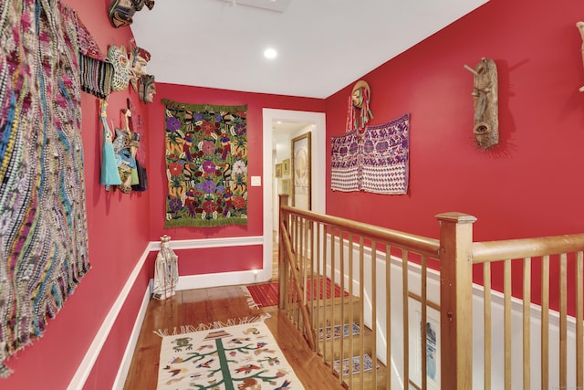 51 Moodus Leesville Rd, East Haddam, CT 06469 - hall with an upstairs landing, wood finished floors, and recessed lighting