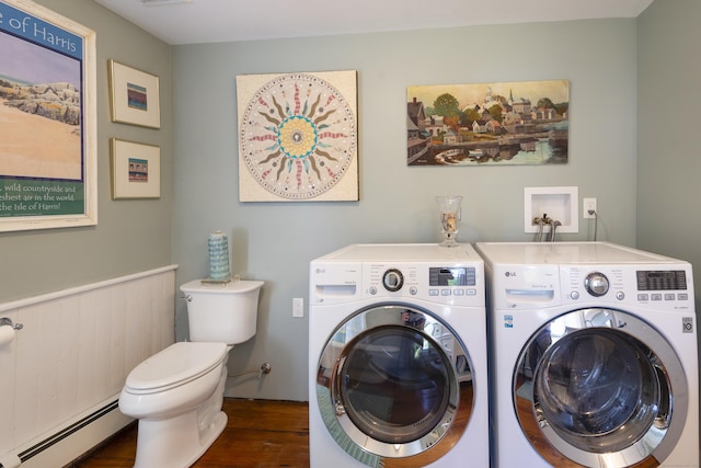 51 Moodus Leesville Rd, East Haddam, CT 06469 - washroom with a baseboard heating unit, washing machine and dryer, and dark wood-style floors