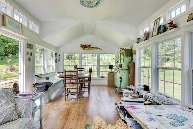 51 Moodus Leesville Rd, East Haddam, CT 06469 - sunroom / solarium with hardwood / wood-style flooring, a wooden ceiling with exposed beams, and high vaulted ceiling