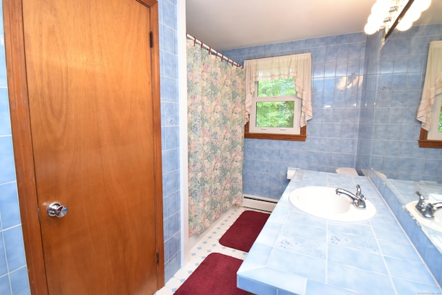 81 Birchwood Dr, Torrington, CT 06790 - bathroom with a baseboard heating unit, a shower with shower curtain, a chandelier, and vanity