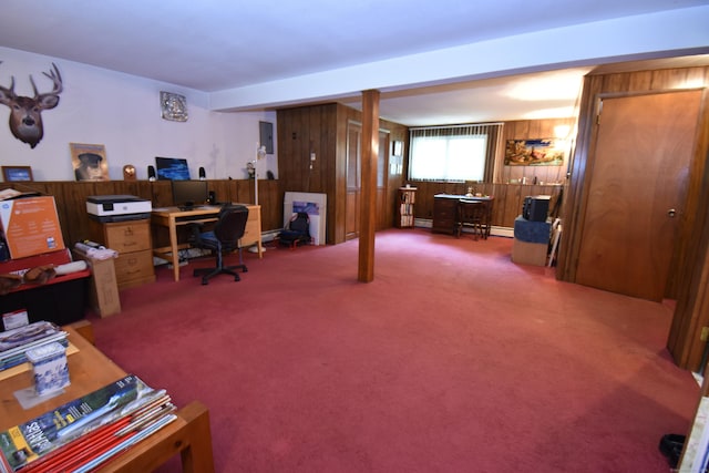 81 Birchwood Dr, Torrington, CT 06790 - carpeted home office featuring wooden walls and a baseboard heating unit