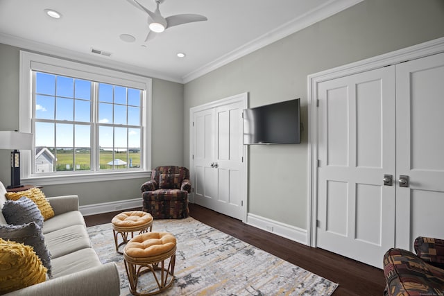66 High St Unit 31, Guilford, CT 06437 - living area with ornamental molding, a ceiling fan, dark wood-style flooring, and recessed lighting
