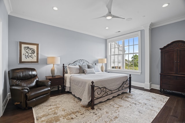 66 High St Unit 31, Guilford, CT 06437 - bedroom with crown molding, dark wood-type flooring, recessed lighting, ceiling fan, and decorative columns