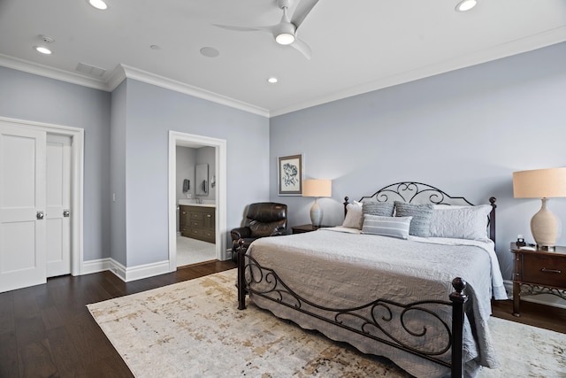 66 High St Unit 31, Guilford, CT 06437 - bedroom with ornamental molding, wood finished floors, recessed lighting, ensuite bathroom, and ceiling fan