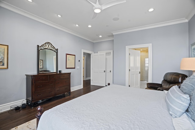 66 High St Unit 31, Guilford, CT 06437 - bedroom with dark wood-style flooring, recessed lighting, crown molding, connected bathroom, and ceiling fan