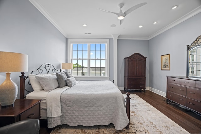 66 High St Unit 31, Guilford, CT 06437 - bedroom featuring dark wood-style floors, multiple windows, crown molding, recessed lighting, and ceiling fan