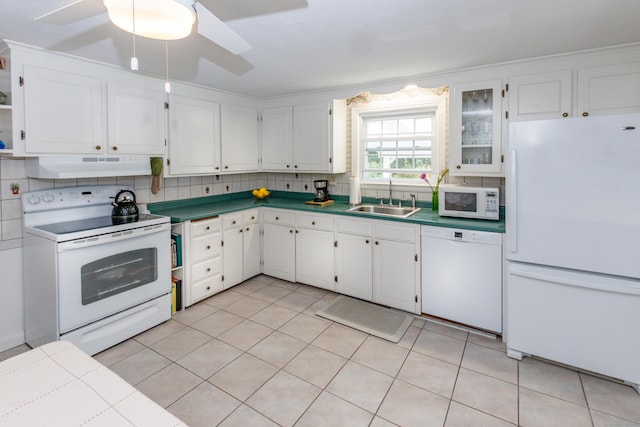 49 Remington Rd, Windsor, CT 06095 - kitchen featuring white appliances, under cabinet range hood, white cabinetry, and tasteful backsplash