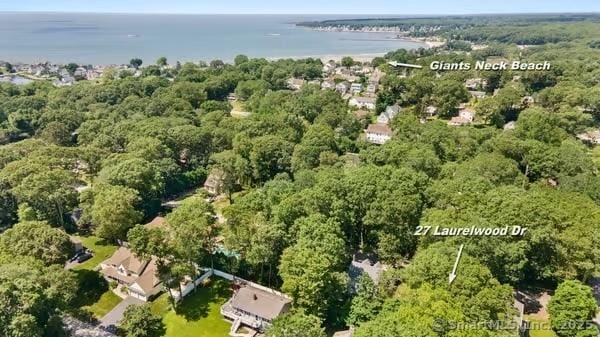 27 Laurelwood Dr, East Lyme, CT 06357 - aerial view of property and surrounding area featuring a heavily wooded area and a nearby body of water