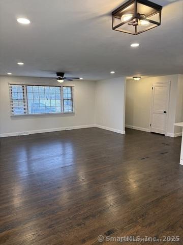 90 Diane Dr, South Windsor, CT 06074 - unfurnished room featuring a ceiling fan, dark wood finished floors, and recessed lighting