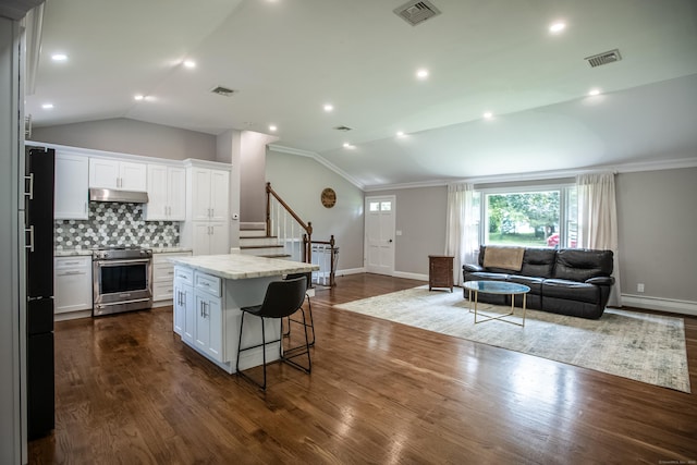 7 Derenthal Dr, Madison, CT 06443 - kitchen with high end range, open floor plan, lofted ceiling, a center island, and white cabinets